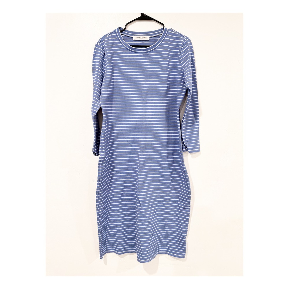 Sonnet James Play Dress Womens Large Blue White Striped 3/4 Sleeve Midi Knit L